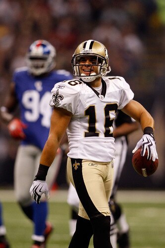 NEW ORLEANS - OCTOBER 18:  Lance Moore #16 of the New Orleans Saints celebrates after making a first down catch against  the New York Giants at the Louisiana Superdome on October 18, 2009 in New Orleans, Louisiana.  The Saints defeated the Giants 48-27.  <br /><br /><span class="help">(Photo by Chris Graythen/Getty Images)</span>