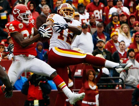 LANDOVER, MD - OCTOBER 18:  Brandon Flowers #24 of the Kansas City Chiefs breaks up a pass intended for Malcom Kelly #12 of the Washington Redskins during their game October 18, 2009 at FedEx Field in Landover, Maryland.The Chiefs won the game 14-6.  <br /><br /><span class="help">(Photo by Win McNamee/Getty Images)</span>