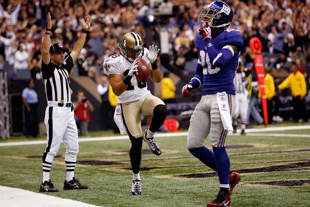 NEW ORLEANS - OCTOBER 18:  Lance Moore #16 of the New Orleans Saints celebrates after scoring a touchdown against the New York Giants at the Louisiana Superdome on October 18, 2009 in New Orleans, Louisiana.  <br /><br /><span class="help">(Photo by Chris Graythen/Getty Images)</span>