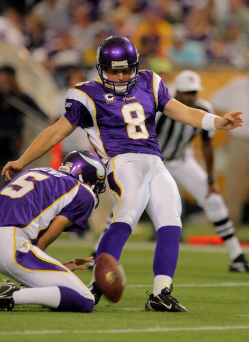 MINNEAPOLIS - OCTOBER 18:  Place kicker Ryan Longwell #8 of the Minnesota Vikings kicks a 40 yard fourth quarter field goal from the hold of Chris Kluwe #5 against the Baltimore Ravens during NFL action at Hubert H. Humphrey Metrodome on October 18, 2009 in Minneapolis, Minnesota. The Vikings defeated the Ravens 33-31.  <br /><br /><span class="help">(Photo by Doug Pensinger/Getty Images)</span>