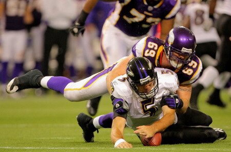 MINNEAPOLIS - OCTOBER 18:  Defensive end Jared Allen #69 of the Minnesota Vikings sacks quarterback Joe Flacco #5 of the Baltimore Ravens in the fourth quarter during NFL action at Hubert H. Humphrey Metrodome on October 18, 2009 in Minneapolis, Minnesota. The Vikings defeated the Ravens 33-31.  <br /><br /><span class="help">(Photo by Doug Pensinger/Getty Images)</span>