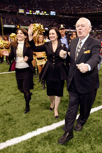 NEW ORLEANS - OCTOBER 18:  From Left, Executive Vice President Rita Benson Leblanc, Gayle Benson and  team owner Tom Benson of the New Orleans Saints celebrate after defeating the New York Giants at the Louisiana Superdome on October 18, 2009 in New Orleans, Louisiana.  The Saints defeated the Giants 48-27.  <br /><br /><span class="help">(Photo by Chris Graythen/Getty Images)</span>