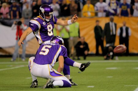 MINNEAPOLIS - OCTOBER 18:  Place kicker Ryan Longwell #8 of the Minnesota Vikings kicks the 31 yard game winning field goal from the hold of Chris Kluwe #5 with two minutes remaining in the game against the Baltimore Ravens during NFL action at Hubert H. Humphrey Metrodome on October 18, 2009 in Minneapolis, Minnesota. The Vikings defeated the Ravens 33-31.  <br /><br /><span class="help">(Photo by Doug Pensinger/Getty Images)</span>