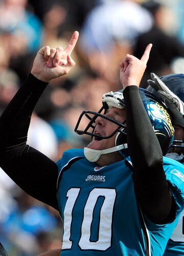 JACKSONVILLE, FL - OCTOBER 18: Josh Scobee #10 of the Jacksonville Jaguars celebrates a field goal during overtime against the St. Louis Rams at the Jacksonville Municipal Stadium on October 18, 2009 in Jacksonville, Florida. <br /><br /><span class="help">(Photo by Sam Greenwood/Getty Images)</span>