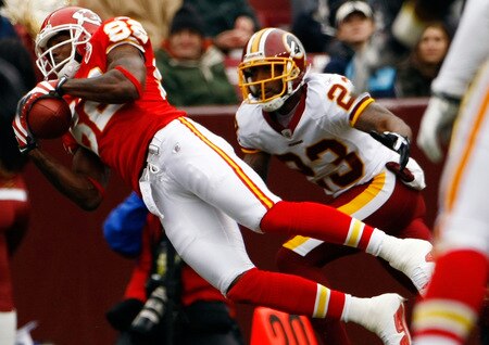 LANDOVER, MD - OCTOBER 18:  Dwayne Bowe #82 of the Kansas City Chiefs catches a pass as DeAngelo Hall #23 of the Washington Redskins defends during their game October 18, 2009 at FedEx Field in Landover, Maryland.The Chiefs won the game 14-6.  <br /><br /><span class="help">(Photo by Win McNamee/Getty Images)</span>