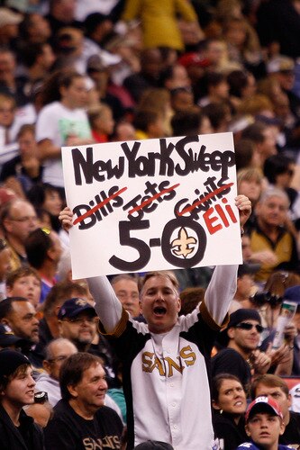 NEW ORLEANS - OCTOBER 18:  A fan celebrates after the New Orleans Saints defeated the New York Giants 48-27 at the Louisiana Superdome on October 18, 2009 in New Orleans, Louisiana.  <br /><br /><span class="help">(Photo by Chris Graythen/Getty Images)</span>