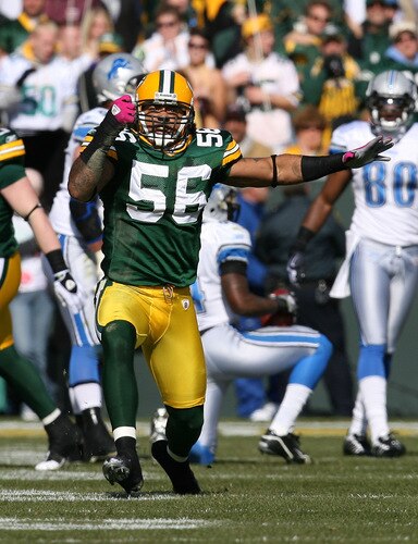 GREEN BAY, WI - OCTOBER 18: Nick Barnett #56 of the Green Bay Packers celebrates a defensive stop against the Detroit Lions at Lambeau Field on October 18, 2009 in Green Bay, Wisconsin. The Packers defeated the Lions 26-0. <br /><br /><span class="help">(Photo by Jonathan Daniel/Getty Images)</span>