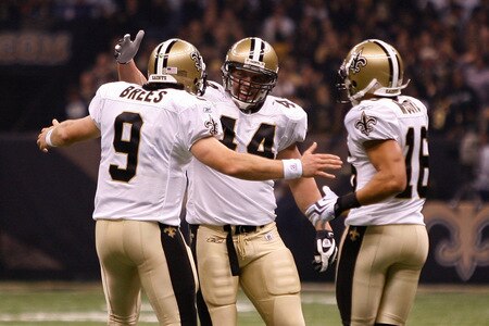 NEW ORLEANS - OCTOBER 18:  Drew Brees #9, Heath Evans #44 and Lance Moore #16 of the New Orleans Saints celebrate after scoring a touchdown against the New York Giants at the Louisiana Superdome on October 18, 2009 in New Orleans, Louisiana.  <br /><br /><span class="help">(Photo by Chris Graythen/Getty Images)</span>
