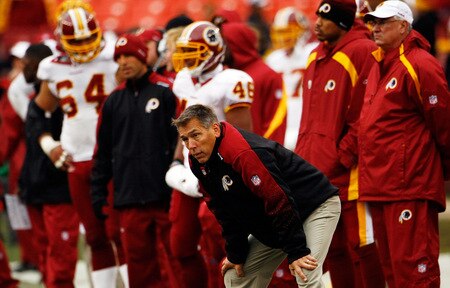 LANDOVER, MD - OCTOBER 18:  Washington Redskins head coach Jim Zorn watches from the sideline as his team loses to the Kansas Chiefs October 18, 2009 at FedEx Field in Landover, Maryland. The Chiefs won the game 14-6.  <br /><br /><span class="help">(Photo by Win McNamee/Getty Images)</span>