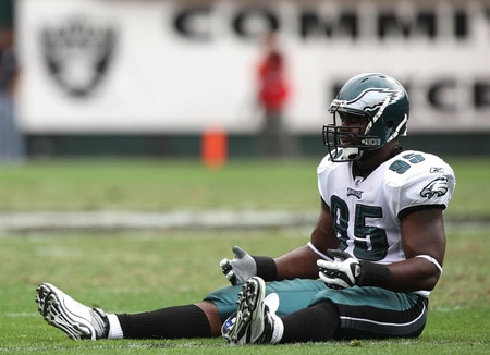 OAKLAND, CA - OCTOBER 18: Victor Abiamiri #95 of the Philadelphia Eagles looks on against the Oakland Raiders during an NFL game at the Oakland-Alameda County Coliseum on October 18, 2009 in Oakland, California.  <br /><br /><span class="help">(Photo by Jed Jacobsohn/Getty Images)</span>