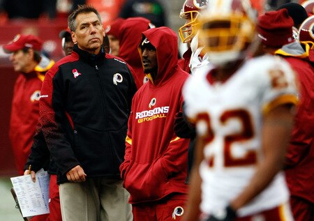 LANDOVER, MD - OCTOBER 18:  Washington Redskins head coach Jim Zorn watches from the sideline as his team loses to the Kansas Chiefs October 18, 2009 at FedEx Field in Landover, Maryland. The Chiefs won the game 14-6.  <br /><br /><span class="help">(Photo by Win McNamee/Getty Images)</span>