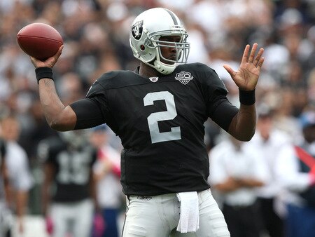 OAKLAND, CA - OCTOBER 18:  JaMarcus Russell #2 of the Oakland Raiders passes against the Philadelphia Eagles during an NFL game at the Oakland-Alameda County Coliseum on October 18, 2009 in Oakland, California.  <br /><br /><span class="help">(Photo by Jed Jacobsohn/Getty Images)</span>