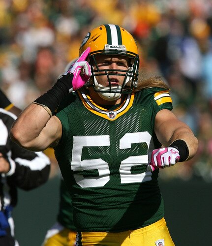 GREEN BAY, WI - OCTOBER 18:  Clay Matthews #52 of the Green Bay Packers celebrates a sack against the Detroit Lions at Lambeau Field on October 18, 2009 in Green Bay, Wisconsin. The Packers defeated the Lions 26-0.  <br /><br /><span class="help">(Photo by Jonathan Daniel/Getty Images)</span>