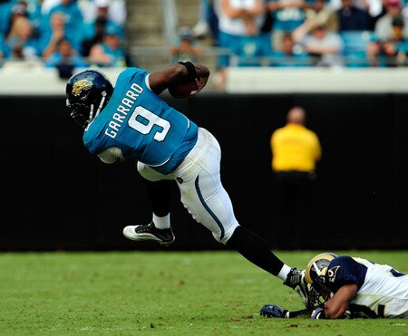 JACKSONVILLE, FL - OCTOBER 18: David Garrard #9 of the Jacksonville Jaguars runs against the St. Louis Rams at the Jacksonville Municipal Stadium on October 18, 2009 in Jacksonville, Florida. <br /><br /><span class="help">(Photo by Sam Greenwood/Getty Images)</span>