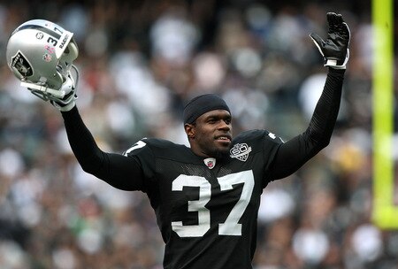 OAKLAND, CA - OCTOBER 18:  Chris Johnson #37 of the Oakland Raiders celebrates near the end of the game against the Philadelphia Eagles during an NFL game at the Oakland-Alameda County Coliseum on October 18, 2009 in Oakland, California.  <br /><br /><span class="help">(Photo by Jed Jacobsohn/Getty Images)</span>