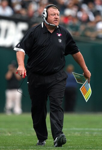 OAKLAND, CA - OCTOBER 18: Head coach Tom Cable of the Oakland Raiders looks on against the Philadelphia Eagles during an NFL game at the Oakland-Alameda County Coliseum on October 18, 2009 in Oakland, California.  <br /><br /><span class="help">(Photo by Jed Jacobsohn/Getty Images)</span>
