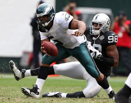 OAKLAND, CA - OCTOBER 18:  Donovan McNabb #5 of the Philadelphia Eagles is sacked by Jay Richardson #98 of the Oakland Raiders during an NFL game at the Oakland-Alameda County Coliseum on October 18, 2009 in Oakland, California.  <br /><br /><span class="help">(Photo by Jed Jacobsohn/Getty Images)</span>