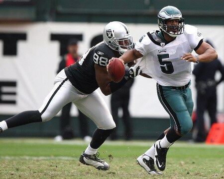 OAKLAND, CA - OCTOBER 18:  Donovan McNabb #5 of the Philadelphia Eagles is sacked by Jay Richardson #98 of the Oakland Raiders during an NFL game at the Oakland-Alameda County Coliseum on October 18, 2009 in Oakland, California.  <br /><br /><span class="help">(Photo by Jed Jacobsohn/Getty Images)</span>