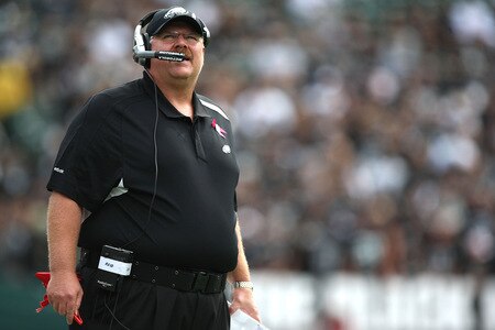 OAKLAND, CA - OCTOBER 18: Head coach Andy Reid of the Philadelphia Eagles looks on against the Oakland Raiders during an NFL game at the Oakland-Alameda County Coliseum on October 18, 2009 in Oakland, California.  <br /><br /><span class="help">(Photo by Jed Jacobsohn/Getty Images)</span>