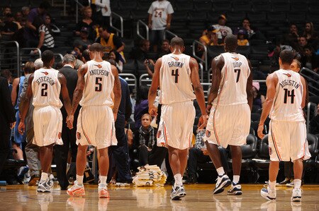 LOS ANGELES - OCTOBER 18:  Dontell Jefferson #2, Antonio Anderson #5, Derrick Brown #4, DeSagana Diop #7, and D.J. Augustin #14 of the Charlotte Bobcats walk off the court during a break in the action of their game against the Utah Jazz at Staples Center on October 18, 2009 in Los Angeles, California. <br /><br /><span class="help">(Photo by Noah Graham/NBAE via Getty Images)</span>