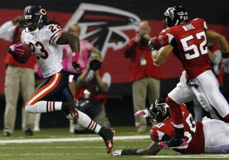 ATLANTA - OCTOBER 18:  Wide receiver Devin Hester #23 of the Chicago Bears runs with the ball after a punt in the first quarter of the game against the Atlanta Falcons at the Georgia Dome on October 18, 2009 in Atlanta, Georgia. <br /><br /><span class="help">(Photo by Kevin C. Cox/Getty Images)</span>