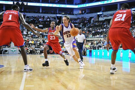 MONTERREY, MEXICO - OCTOBER 18: Steve Nash #13 of the Phoenix Suns drives against Louis Williams #23 of the Philadelphia 76ers during the game on October 18, 2009 at the Arena Monterrey in Monterrey, Mexico.  <br /><br /><span class="help">(Photo by Jesse D. Garrabrant/NBAE via Getty Images)</span>