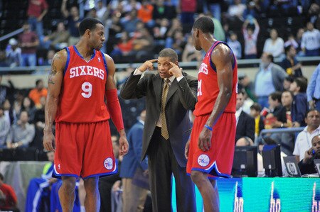 MONTERREY, MEXICO - OCTOBER 18: Eddie Jordan, head coach of the Philadelphia 76ers talks with Andre Iguodala #9 against the Phoenix Suns during the game on October 18, 2009 at the Arena Monterrey in Monterrey, Mexico.  <br /><br /><span class="help">(Photo by Jesse D. Garrabrant/NBAE via Getty Images)</span>