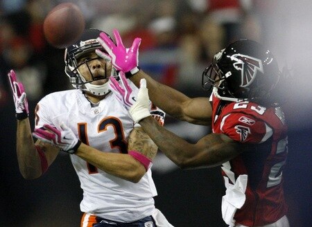 ATLANTA - OCTOBER 18: Center back Chris Houston #23 of the Atlanta Falcons breaks up a pass tended for wide receiver Johnny Knox #13 of the Chicago Bears in the second quarter of the game at the Georgia Dome on October 18, 2009 in Atlanta, Georgia. <br /><br /><span class="help">(Photo by Kevin C. Cox/Getty Images)</span>