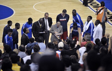 MONTERREY, MEXICO - OCTOBER 18: Eddie Jordan head coach of the Philadelphia 76ers speaks with his team during the preseason NBA game against the Phoenix Suns at Arena Monterrey on October 18, 2009 in Monterrey, Nuevo Leon, Mexico. <br /><br /><span class="help">(Photo by David Dow/NBAE via Getty Images)</span>