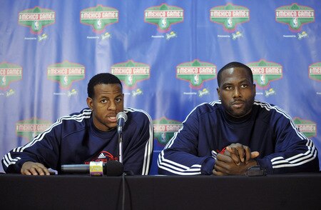 MONTERREY, MEXICO - OCTOBER 18:  Andre Iguodala #9 and Elton Brand #42 of the Philadelphia 76ers speak with press after the NBA preseason game against the Phoenix Suns at Arena Monterrey on October 18, 2009 in Monterrey, Nuevo Leon, Mexico. <br /><br /><span class="help">(Photo by David Dow/NBAE via Getty Images)</span>
