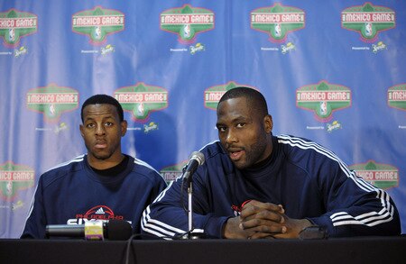 MONTERREY, MEXICO - OCTOBER 18: Elton Brand #42 and Andre Iguodala #9 of the Philadelphia 76ers speak with press after the NBA preseason game against the Phoenix Suns at Arena Monterrey on October 18, 2009 in Monterrey, Nuevo Leon, Mexico. <br /><br /><span class="help">(Photo by David Dow/NBAE via Getty Images)</span>