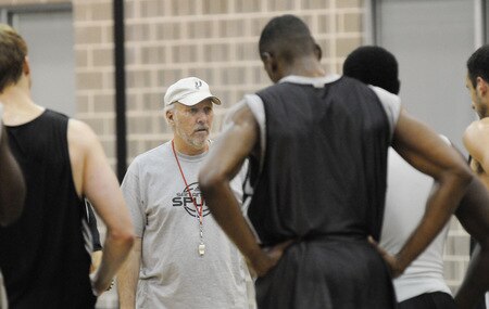 SAN ANTONIO - OCTOBER 19: Gregg Popovich, Head Coach of the San Antonio Spurs talks to the team during training camp on October 19, 2009 at the AT&T Center in San Antonio, Texas. <br /><br /><span class="help">(Photo by D. Clarke Evans/NBAE via Getty Images)</span>