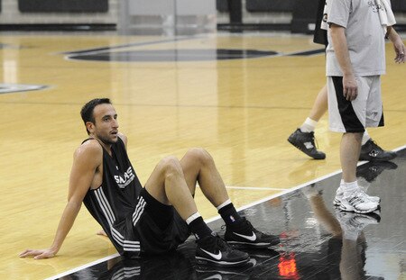 SAN ANTONIO - OCTOBER 19: Manu Ginobili  of the San Antonio Spurs takes a break during training camp on October 19, 2009 at the AT&T Center in San Antonio, Texas. <br /><br /><span class="help">(Photo by D. Clarke Evans/NBAE via Getty Images)</span>