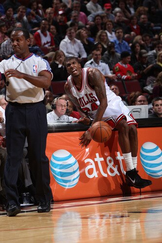 CHICAGO - OCTOBER 19: Tyrus Thomas #24 of the Chicago Bulls reacts after chasing a ball out of bounds against the Orlando Magic during a pre-season game on October 19, 2009 at the United Center in Chicago, Illinois.  <br /><br /><span class="help">(Photo by Gary Dineen/NBAE via Getty Images)</span>