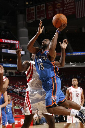 HOUSTON - OCTOBER 19: James Harden #13 of the Oklahoma City Thunder shoots the ball against the Houston Rockets on October 19, 2009 at the Toyota Center in Houston, Texas. <br /><br /><span class="help">(Photo by Bill Baptist/NBAE via Getty Images)</span>