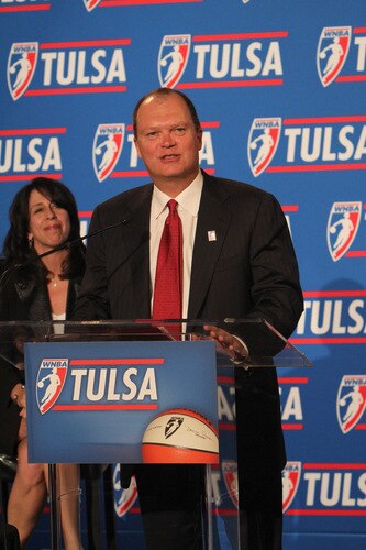 TULSA, OK - OCTOBER 20:    Majority Investor Bill Cameron speaks at the WNBA Press Conference at the Mayo Hotel on October 20, 2009 in Tulsa, Oklahoma.   <br /><br /><span class="help">(Photo by Rich Crimi/NBAE via Getty Images)</span>