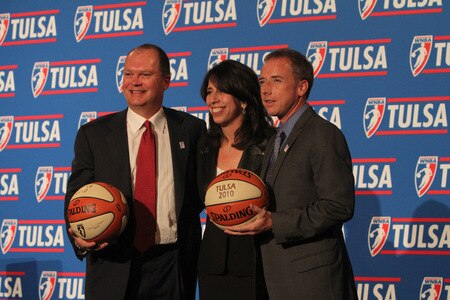TULSA, OK - OCTOBER 20:    WNBA President Donna Orender  presents Majority Investor Bill Cameron (left) and Investor David Box (right) with Tulsa 2010 WNBA basketballs at the WNBA Press Conference at the Mayo Hotel on October 20, 2009 in Tulsa, Oklahoma.   <br /><br /><span class="help">(Photo by Rich Crimi/NBAE via Getty Images)</span>
