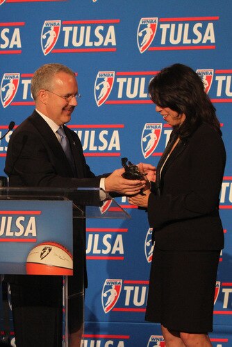 TULSA, OK - OCTOBER 20:    Oklahoma Governor Brad Henry presents WNBA President Donna Orender with a gift at the WNBA Press Conference at the Mayo Hotel on October 20, 2009 in Tulsa Oklahoma. The Detroit Shock are being sold and relocated to Tulsa.  <br /><br /><span class="help">(Photo by Rich Crimi/NBAE via Getty Images)</span>