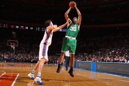 NEW YORK - OCTOBER 20: Rasheed Wallace #30 of the Boston Celtics shoots against Danilo Gallinari #8 of the New York Knicks on October 20, 2009 at Madison Square Garden in New York City. <br /><br /><span class="help">(Photo by Nathaniel S. Butler/NBAE via Getty Images)</span>