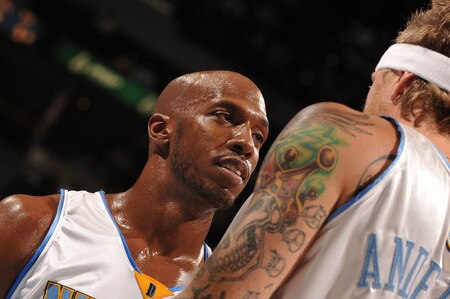 DENVER - OCTOBER 20: Chauncey Billups #7 talks with Chris Andersen #11 of the Denver Nuggets against the Minnesota Timberwolves on October 20, 2009 at the Pepsi Center in Denver, Colorado. <br /><br /><span class="help">(Photo by Garrett W. Ellwood/NBAE via Getty Images)</span>