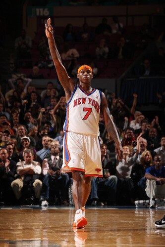 NEW YORK - OCTOBER 20: Al Harrington #7 of the New York Knicks holds up three fingers after scoring a three pointer against the Boston Celtics on October 20, 2009 at Madison Square Garden in New York City. <br /><br /><span class="help">(Photo by Nathaniel S. Butler/NBAE via Getty Images)</span>