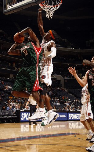 CHARLOTTE, NC - OCTOBER 20:  Gerald Wallace #3 of the Charlotte Bobcats blocks against Luc Mbah a Moute #12 the Milwaukee Bucks on October 20, 2009 at Time Warner Cable Arena in Charlotte, North Carolina.  <br /><br /><span class="help">(Photo by Kent Smith/NBAE via Getty Images)</span>