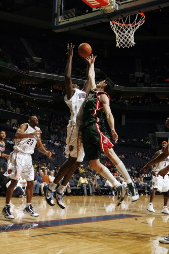 CHARLOTTE, NC - OCTOBER 20:  Ersan Ilyasova #7 of the Milwaukee Bucks blocks against Nazr Mohammed #13 of the Charlotte Bobcats on October 20, 2009 at Time Warner Cable Arena in Charlotte, North Carolina.  <br /><br /><span class="help">(Photo by Brock Williams-Smith/NBAE via Getty Images)</span>