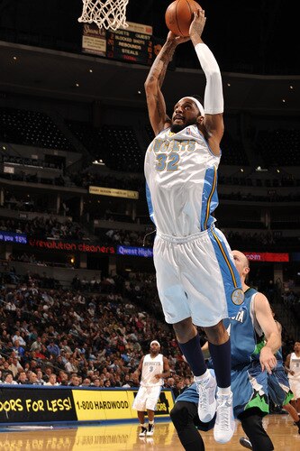 DENVER - OCTOBER 20: Renaldo Balkman #32 of the Denver Nuggets goes to the basket against the Minnesota Timberwolves on October 20, 2009 at the Pepsi Center in Denver, Colorado. <br /><br /><span class="help">(Photo by Garrett W. Ellwood/NBAE via Getty Images)</span>