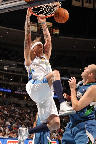 DENVER - OCTOBER 20: Chris Andersen #11 of the Denver Nuggets goes to the basket against the Minnesota Timberwolves on October 20, 2009 at the Pepsi Center in Denver, Colorado. <br /><br /><span class="help">(Photo by Garrett W. Ellwood/NBAE via Getty Images)</span>