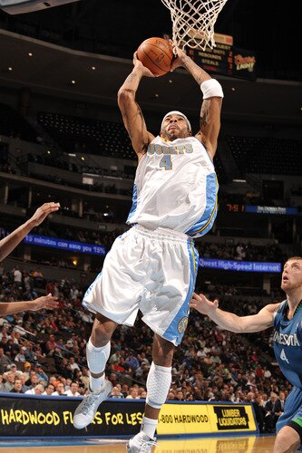 DENVER - OCTOBER 20: Kenyon Martin #4 of the Denver Nuggets goes to the basket against the Minnesota Timberwolves on October 20, 2009 at the Pepsi Center in Denver, Colorado. <br /><br /><span class="help">(Photo by Garrett W. Ellwood/NBAE via Getty Images)</span>