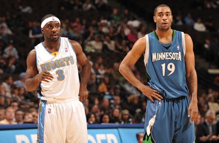 DENVER - OCTOBER 20: Ty Lawson #3 of the Denver Nuggets stands with former UNC teammate Wayne Ellington #19 of the Minnesota Timberwolves on October 20, 2009 at the Pepsi Center in Denver, Colorado. <br /><br /><span class="help">(Photo by Garrett W. Ellwood/NBAE via Getty Images)</span>