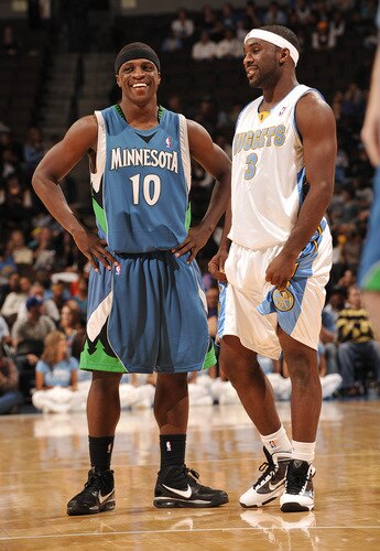 DENVER - OCTOBER 20: Jonny Flynn #10 of the Minnesota Timberwolves talks with Ty Lawson #3 of the Denver Nuggets on October 20, 2009 at the Pepsi Center in Denver, Colorado. <br /><br /><span class="help">(Photo by Garrett W. Ellwood/NBAE via Getty Images)</span>