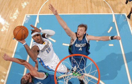 DENVER - OCTOBER 20: Carmelo Anthony #15 of the Denver Nuggets goes to the basket against the Minnesota Timberwolves on October 20, 2009 at the Pepsi Center in Denver, Colorado. <br /><br /><span class="help">(Photo by Garrett W. Ellwood/NBAE via Getty Images)</span>