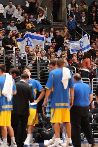 LOS ANGELES - OCTOBER 20:  Fans hold up Israeli flags during a game between Maccabi Electra Tel Aviv and the Los Angeles Clippers at Staples Center on October 20, 2009 in Los Angeles, California. <br /><br /><span class="help">(Photo by Andrew D. Bernstein/NBAE via Getty Images)</span>